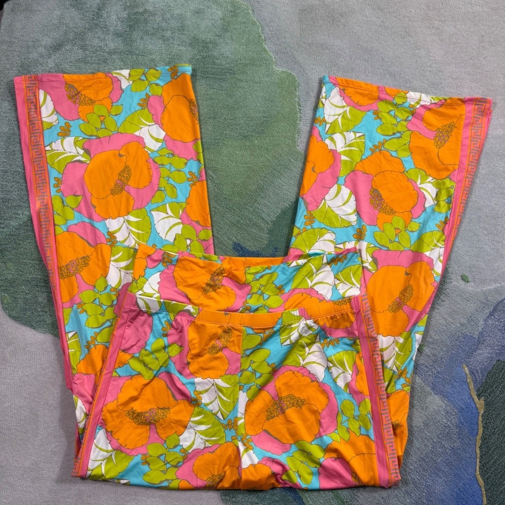 Trina Turk Floral Wide Leg Lounge Pants Orange Pink Greek Key Stripe XL